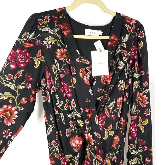 ALC Haven Dress Black Floral Silk Long Sleeve Mini‎ V-Neck Sz 6